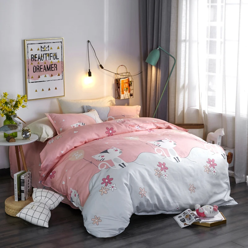 

Cartoon Cute Kitten Pattern Bedding Sets Set Polyester Fabric Reactive Printing Hot Sale Comforter Bed Set Queen Size 3/4Pcs
