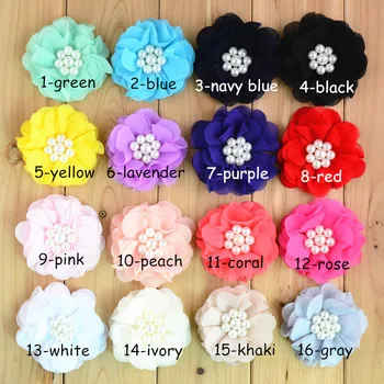 

40pcs/lot 7CM Beaded Chiffon Flower Matching Sparking Pearl in Center Hair Accessoriy 16Color