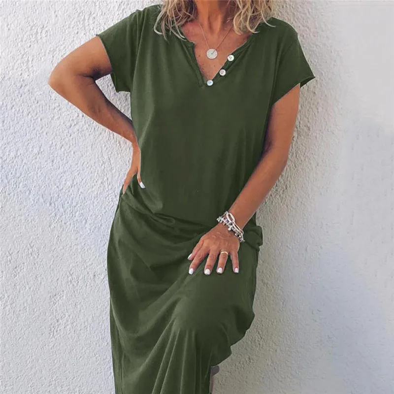

JAYCOSIN 2019 Summer Dress Women Daily Casual V-Neck Short Sleeve With Buttons Solid Long Dress Loose Maxi Dress may21#4