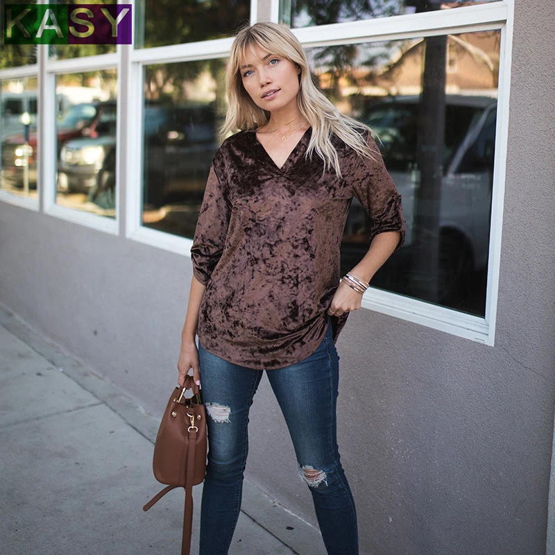 

Women's vintage velvet V neck Short Sleeve T-shirt 2019 Summer Casual Outerwear Regular Solid Khaki Tops Plus Size 2XL 3XL