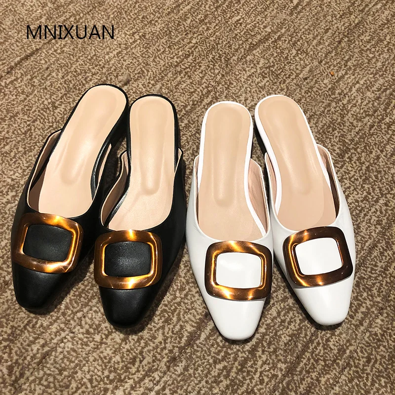 

MNIXUAN 2019 Handmade high quality comfortable summer women flat mules genuine leather retro slip on solid casual shoes size 42