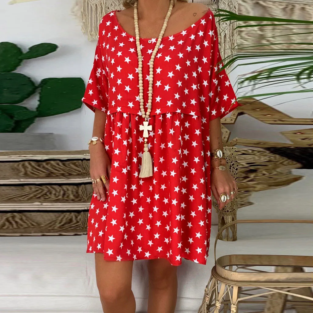 

Women Summer Dress Round Neck Short Sleeve Print Loose Dress beach Dresses Summer ladies Dresses 2019 vestidos NEW