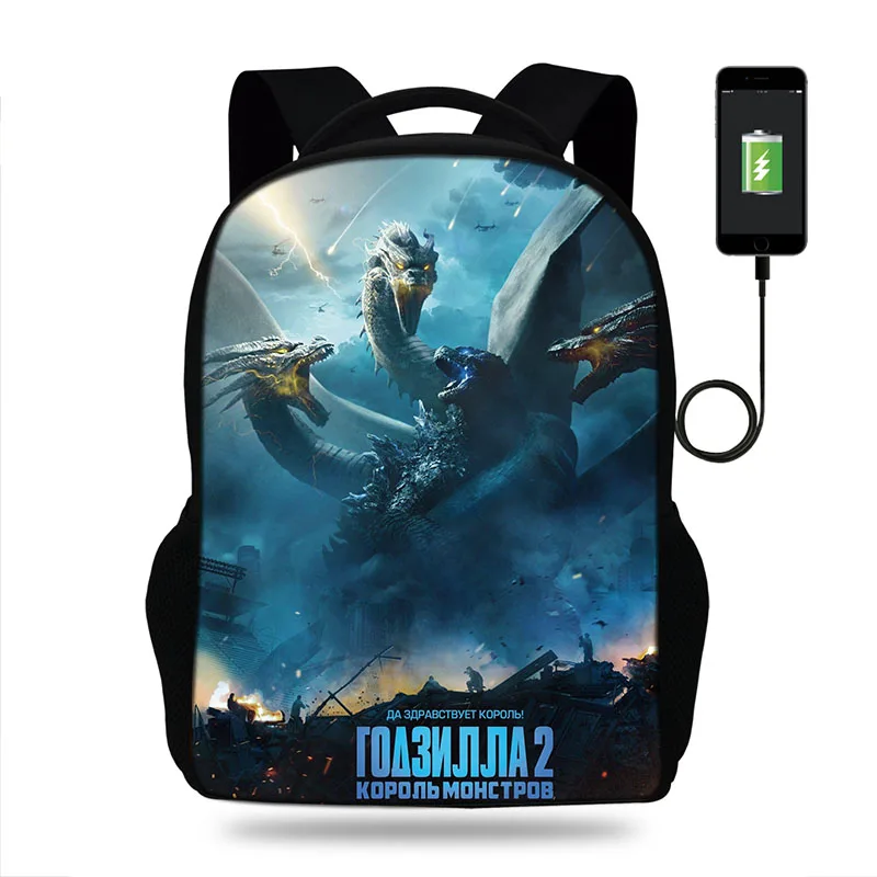 

Godzilla King of the Monsters Printing Backpack Boys USB Charge Schoolbag Students Book Bags Kids School Bags For Teenager Girls