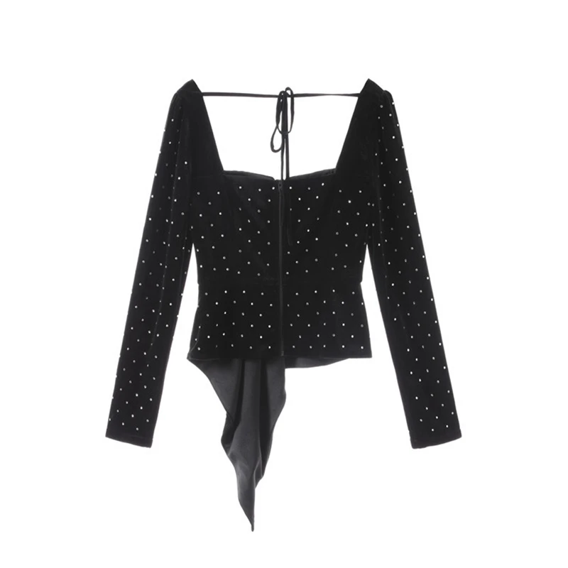 Backless Alta Crop Negro Otoño Vintage Collar Auto De Mujeres Primavera Nova Sexy Cuadrado Moda Diamantes Tops Retrato Las Calidad xSgqAnSZw