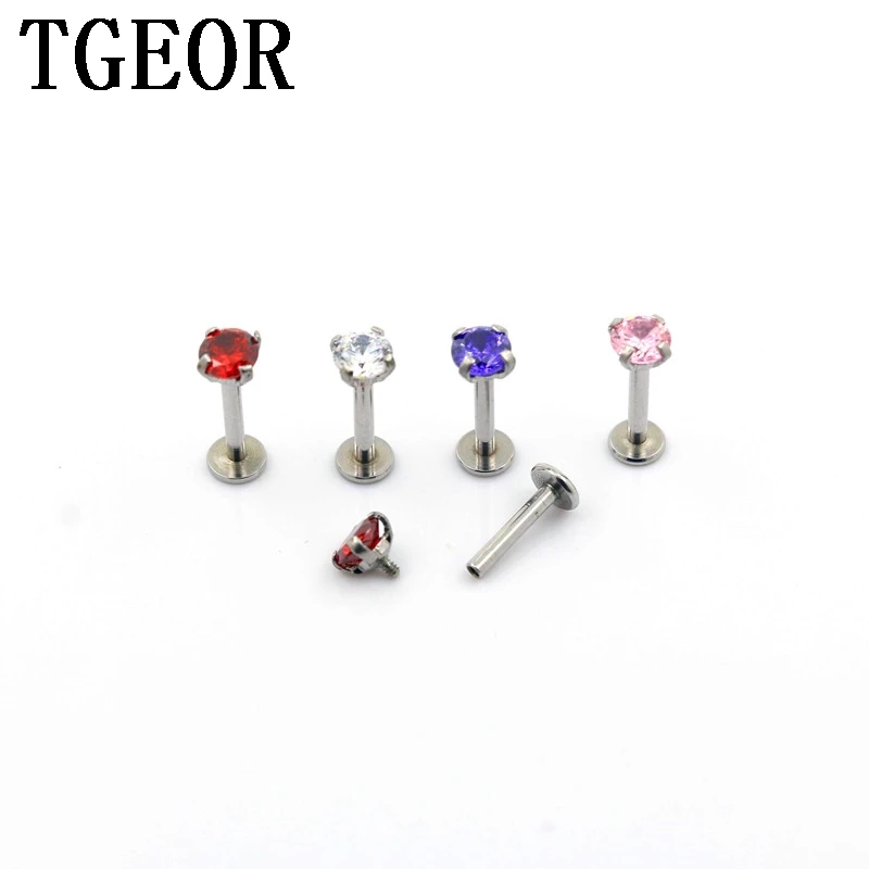 

free shipping wholesale 16G 20pcs lip ring Stainless Steel gem CZ cubic zircon internally thread piercing labret ring