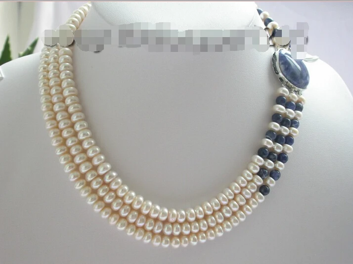 

3rows Natural White Pearl&Lapis Lazuli Necklace!^^^@^Noble style Natural Fine jewe SHIPPING (C0309)