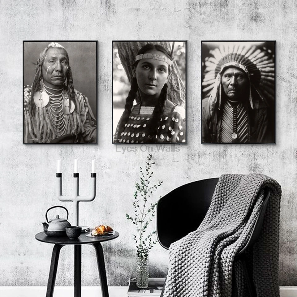 

3 Panel Figure Painting Printed Indians On Canvas Room Decor Black White Amerind Posters Wall Picture For Living Room Wall Art