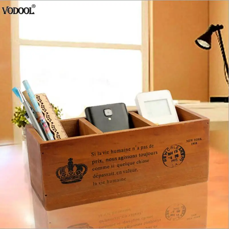 

3 Grid Retro Style Wooden Pen Stationery Holder Office Desktop Stationery Pencil Holder Desk Organizer School Supplies