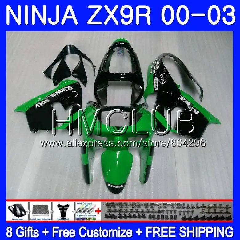 

Body For KAWASAKI NINJA ZX 9R 9 R 900 ZX9R 00 01 02 03 44HM.8 ZX900 900CC ZX9 R Hot green ZX-9R 2000 2001 2002 2003 Fairing