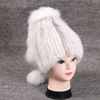 

Women Real Fur Mink Hat Fluffy Fox Fur Crystal Decoration Genuine Mink Fur Hat Warm Beanies Women Natural Real Female Cap mz048