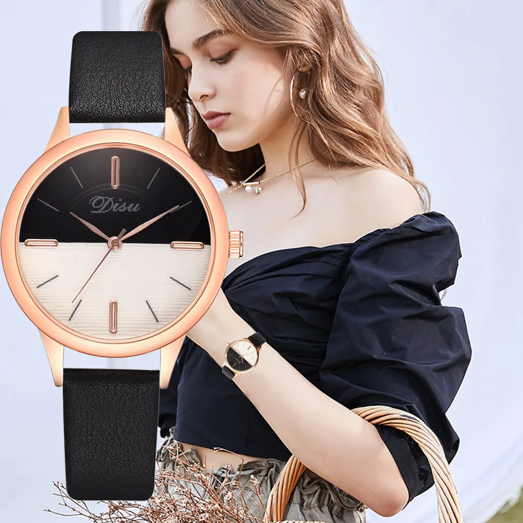 Роскошные модные женские Простой циферблат кожаный ремешок для часов два тона кварцевые часы