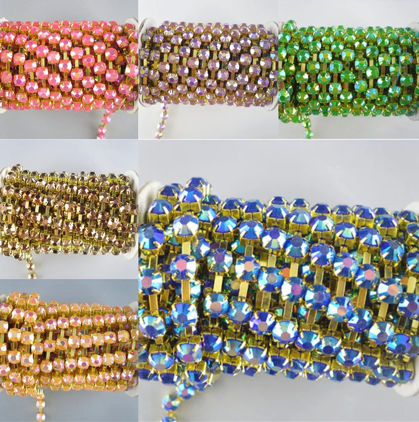 

SS30 costume applique jelly AB resin crystal rhinestones 6mm close gold cup claw chain trims 2Yards free shipping 20-26color