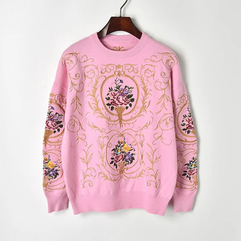 Элитный бренд золотой нитью цветочной вышивкой Для женщин свитер Пуловеры взлетно-посадочной полосы дизайнер трикотажный джемпер одежда
