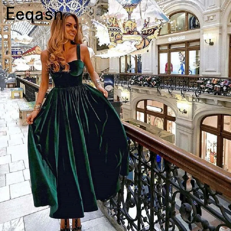 

Vintage Tea Length Cocktail Dress Elegant Sweetheart Green Velvet Ladies Formal Party Gown Homecoming Dresses