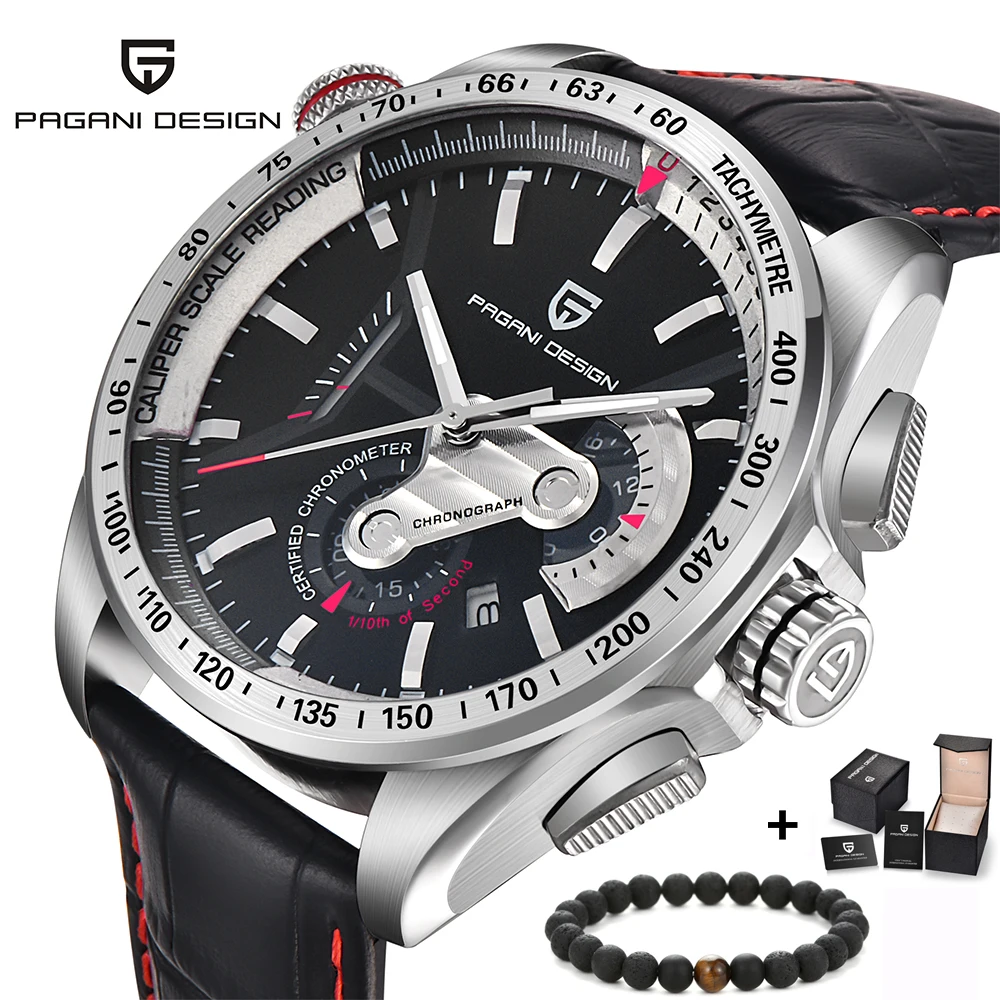 

PAGANI DESIGN Top Brand Luxury Black Watches Mens Fashion Chronograph 3 Dial 6 Hands Leather Strap Quartz-watch Military Analog