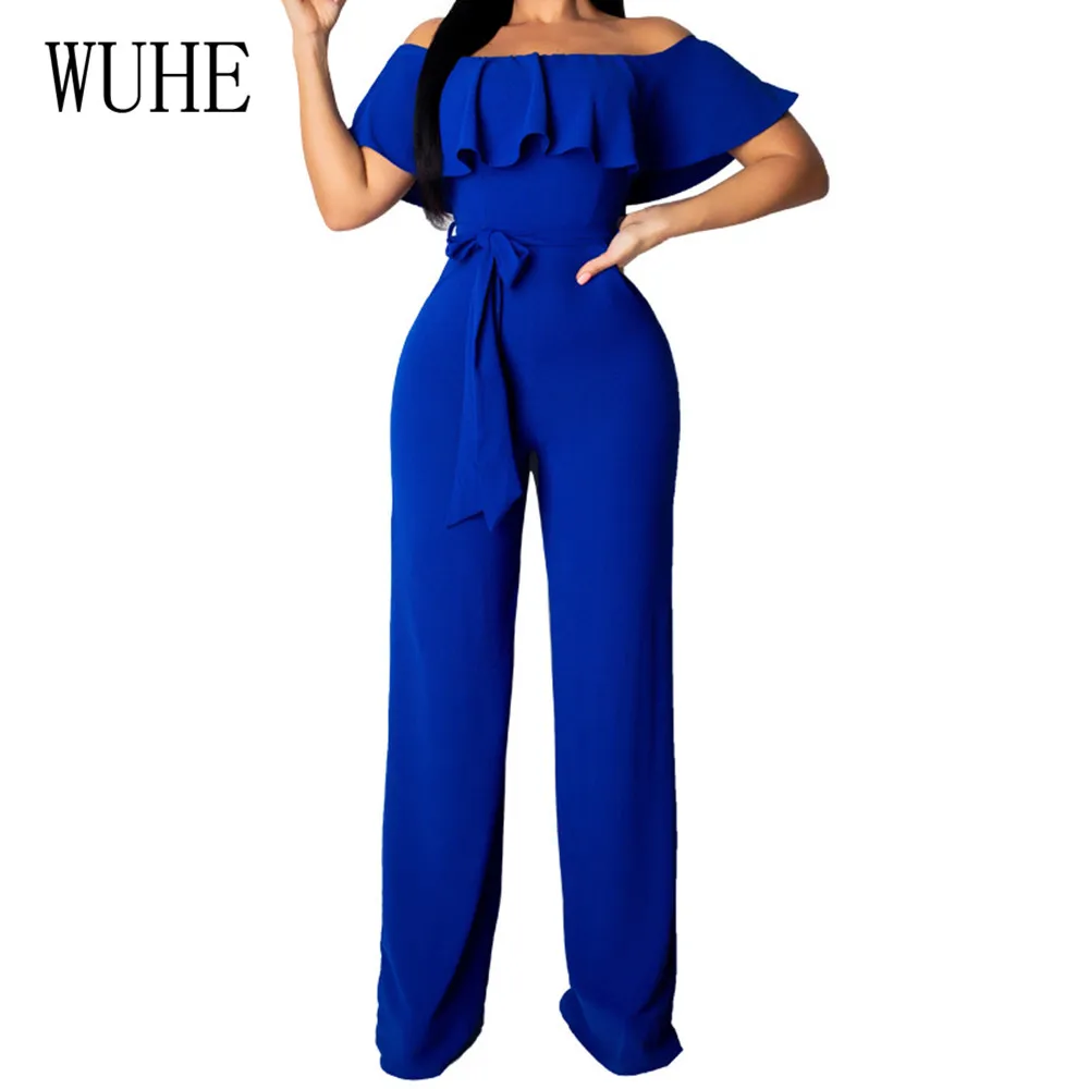 

WUHE Fashion Ruffled Tube Top Wide Leg Jumpsuits Women Playsuits Summer Rompers with Waist Belt for Femme Office Ladies Overalls