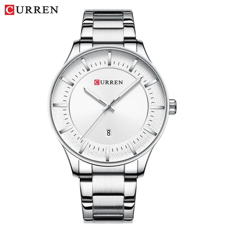 CURREN Top Brand Man Watches Clock Man Fashion Quartz Watches Men Business Steel Wristwatch with Date Classic Black Male - Цвет: silver white watch