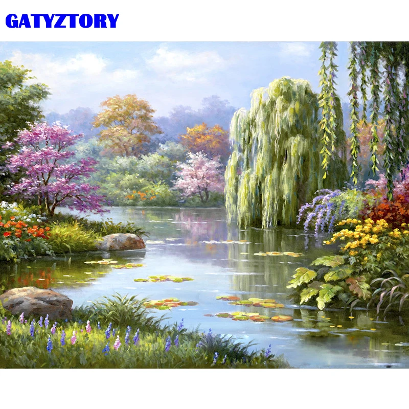 GATYZTORY Безрамная картина сказочное озеро DIY картина по номерам пейзаж современный дом настенная живопись холст 40x50 см искусство