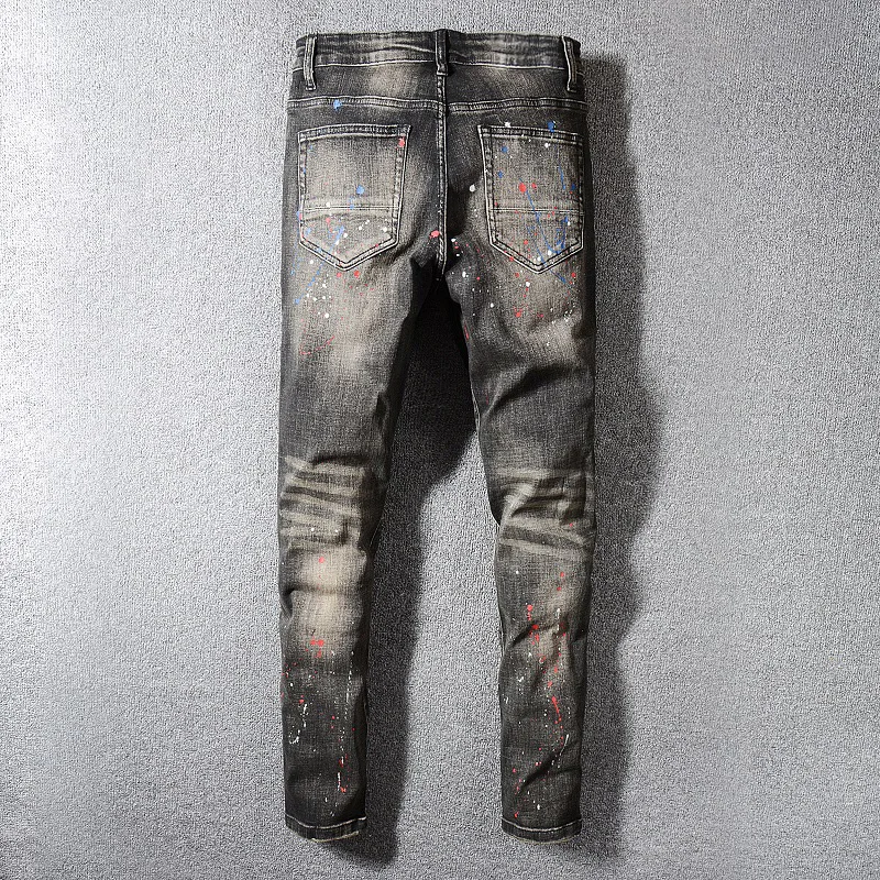 Fashion Streetwear Men Jeans Retro Black Gray Slim Fit Destroyed Ripped Jeans Men Paint Designer Printed 2