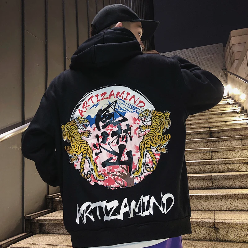 Men Tiger Embroidery Hoodies Sweatshirts Cotton Thick Hoody Headwear Hoodie Hip Hop Streetwear