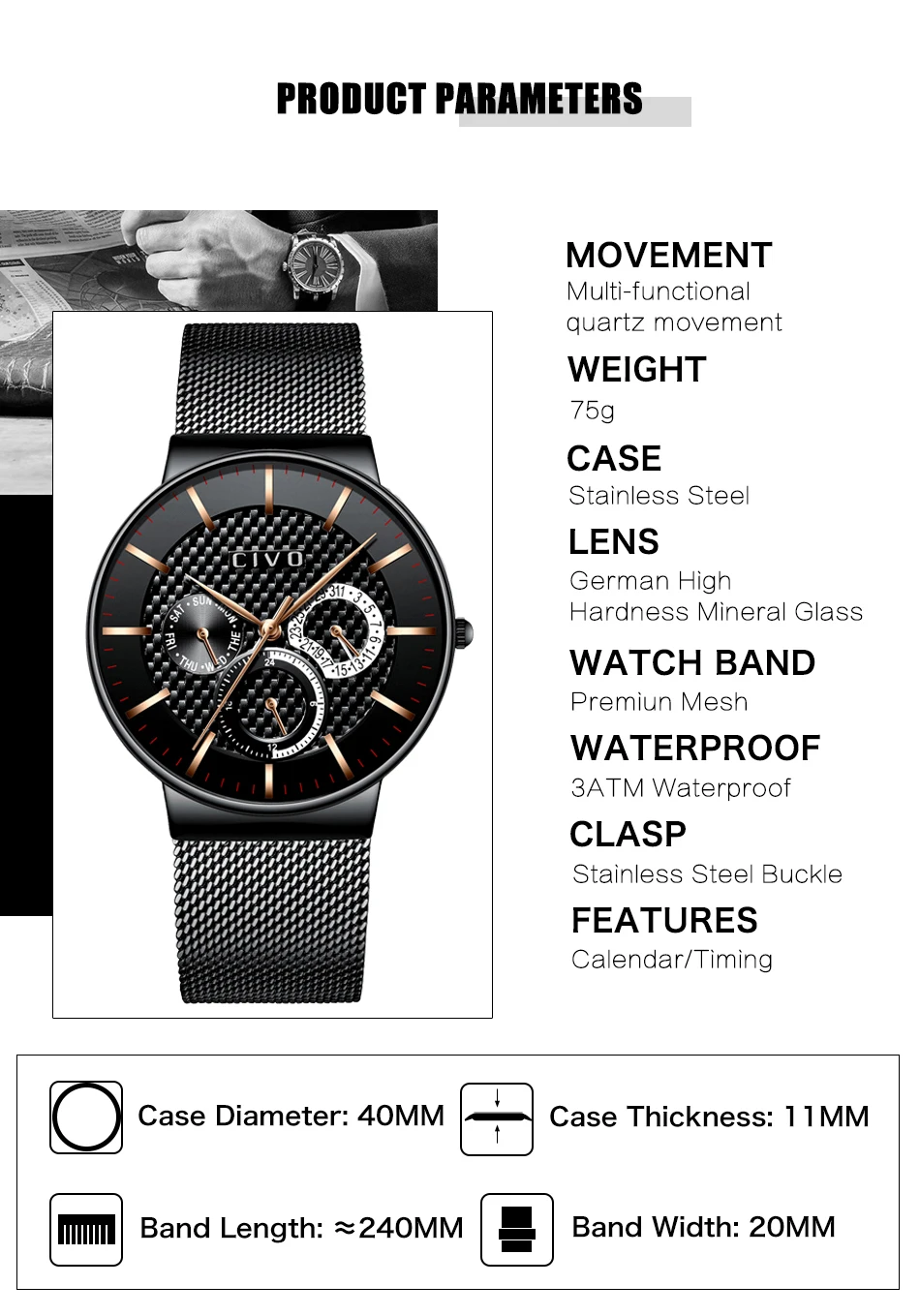 CIVO Роскошные Брендовые мужские часы, военные спортивные водонепроницаемые часы с хронографом и датой для мужчин, спортивные часы с сеткой из нержавеющей стали для мужчин