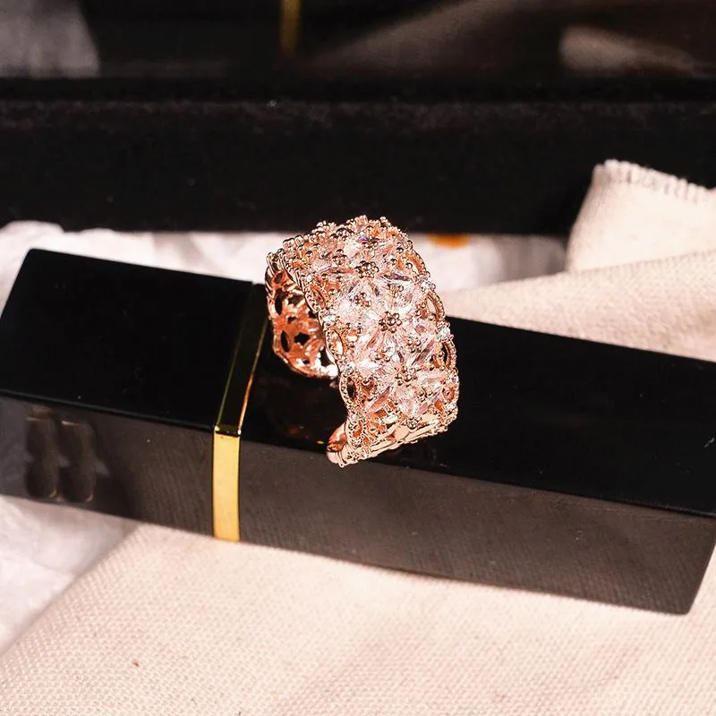 

2019 New Elegant Zircon Open Rings For Women Wedding Jewelry Personality Rose Gold Color Adjustable Rings Fashion Jewelry Gift