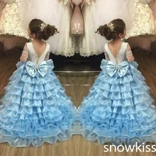 Бальное платье небесно-голубого цвета, с открытой спиной, с длинным шлейфом, с оборками, Многоуровневое, с кристаллами, платье с цветочным узором для девочек праздничное, праздничное, вечернее, Пышное Платье для дня рождения