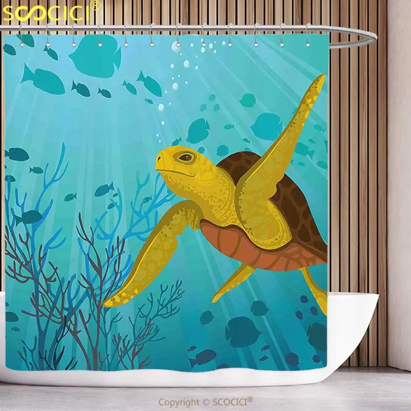 

Stylish Shower Curtain Turtle Cartoon Cute Animal Under the Sea Silhouettes of Fish Sun Rays Coral Turquoise Mustard Brown