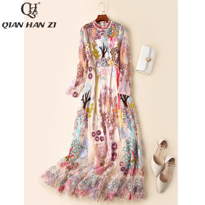 

Qian Han Zi Bohemia Designer Fairy Dress 2019 Summer High Quality Flower Tree Embroidery Mesh Elegant Luxury Long Dress