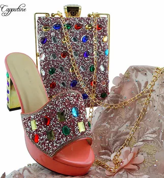 

Hot sale colorful rhinestones design slip on pump shoes and purse handbag set for party MD002