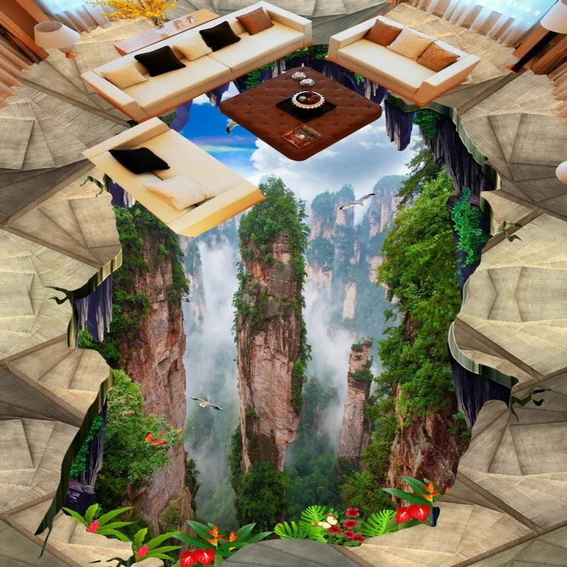 

Free Shipping custom Mountain valley mountain bathroom kitchen 3D stereo floor paste Self-adhesive mural shopping mall wallpaper