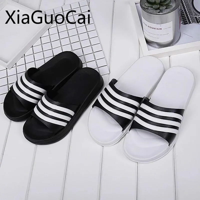 

2019 Summer Unisex Slippers Summer Bathroom Women Flat Slippers Cute Striped Couple Indoor Ladies Slides