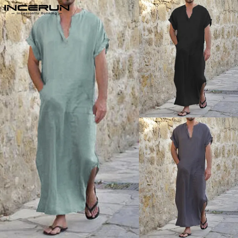 En Ligne INCERUN Plus Taille 5XL Hommes Chemises À Manches Courtes V cou Solide Shirt Palangre Vintage Lâche Coton Tops Hommes Islamique Arabe Kaftan 2018