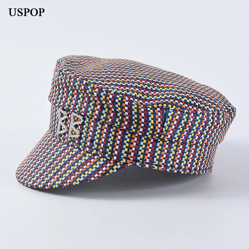USPOP, новинка, женские весенние кепки, модные шапки с жемчужинами и буквами, Лоскутные Шапки в стиле милитари