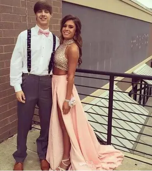 

Cheap Two Pieces Prom Dresses Elegant Bling Bling Sequin High Neck Sleeveless Halter Stunning Sexy High Side Slit Evening Party