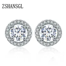 925 стерлингового серебра 1ct Ослепительная прозрачная круглой огранки фианит серьги гвоздики для женщин Halo Свадебные украшения Femme Brincos