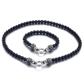 

Fashion Male Black Beads Sets Stainless Steel Punk Skull Clasp Beaded Chocker Necklace Bracelet Jewelry Sets For Cool Men