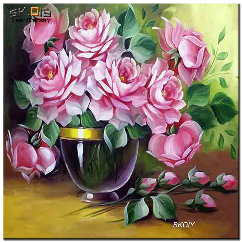 SK DIY pink roses vase 5D diamond painting cross stitch diamond embroidery diamond mosaic full square decor needlework flower (1)