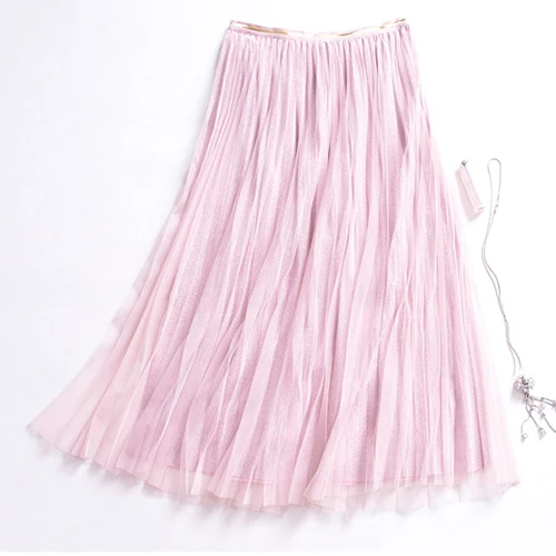 Surmiitro, весна-лето, черная, серебряная, Тюлевая юбка для женщин, модная, элегантная, миди, длинная, с высокой талией, плиссированная, солнцезащитная, школьная юбка для женщин - Цвет: Розовый