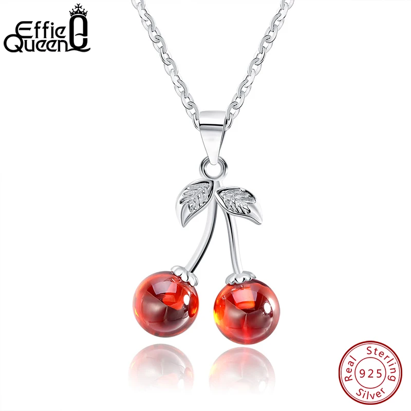 Effie Queen Real 925 Sterling Silver Necklaces with Red CZ Stone Cherry Pendant Fashion Jewelry Statement for Women BN03
