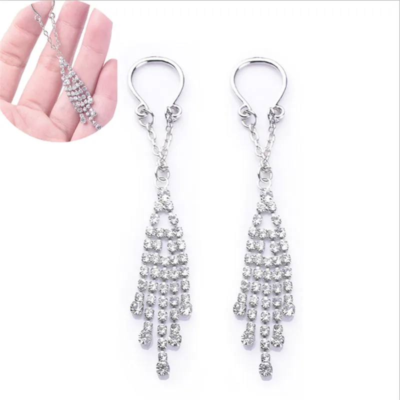 

2019 New Stainless Steel Crystal Non pierced Clip On Nipple Rings Women Fake Tassel Nipple Ring Piercing Dangle Body Jewelry