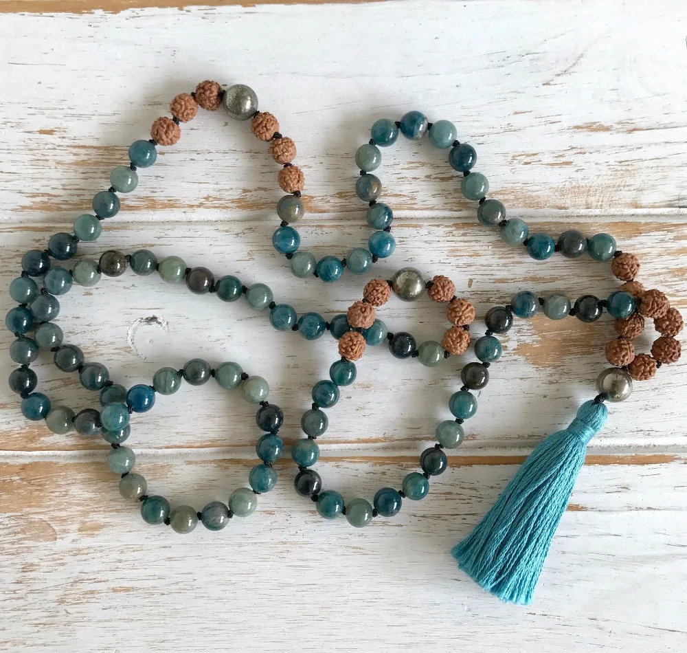 

108 Mala Bead Necklace Natural Apatite Necklace Hand Knotted Yoga Jewelry Prayer Tassel Necklaces Meditation Necklaces Boho Mala