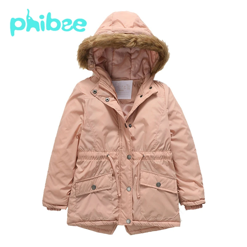 

Phibee Girls Parkas Spring Autumn Fall Casual Fur Coat Zipper Button Fashion Jacket Solid Hooded Warm Children Clothing