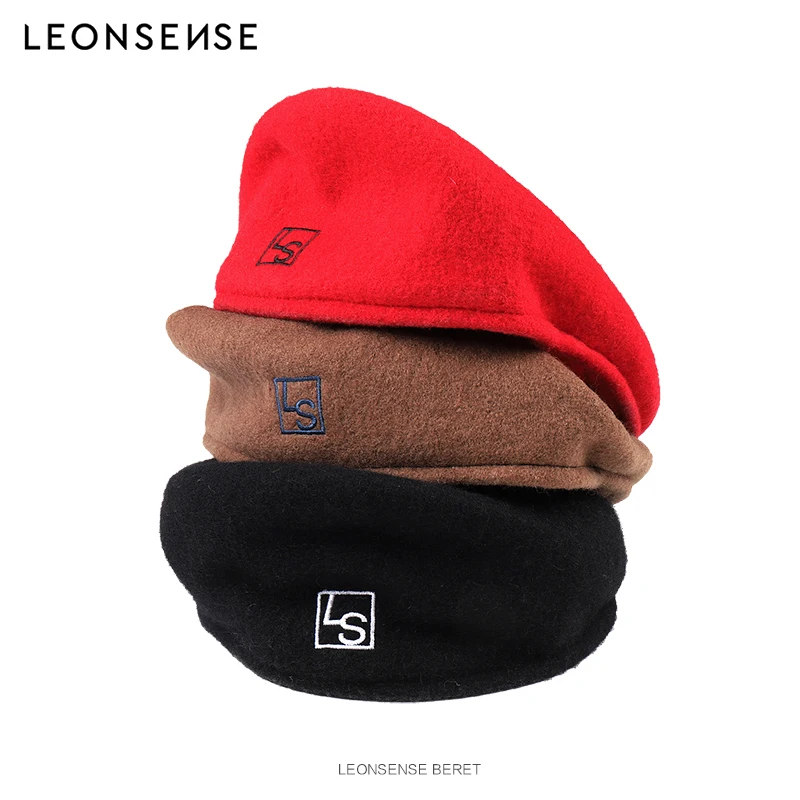 

LEONSENSE 18AW wool embroidered beret black khaki red winter new