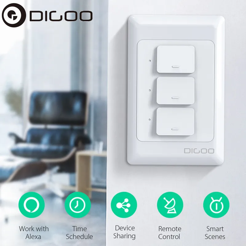 

DIGOO DG-S811 AC100V-250V 600W 1/2/3Gang Smart WIFI Wall Button Switch Tuya APP Remote Control Work With Alexa Google Assistant