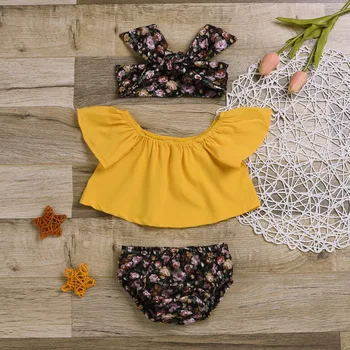 

DHL 100set Baby Girls Off Shoulder Tops + Shorts + Flower Headband 3pcs Casual Cotton Girl sets 0-24M