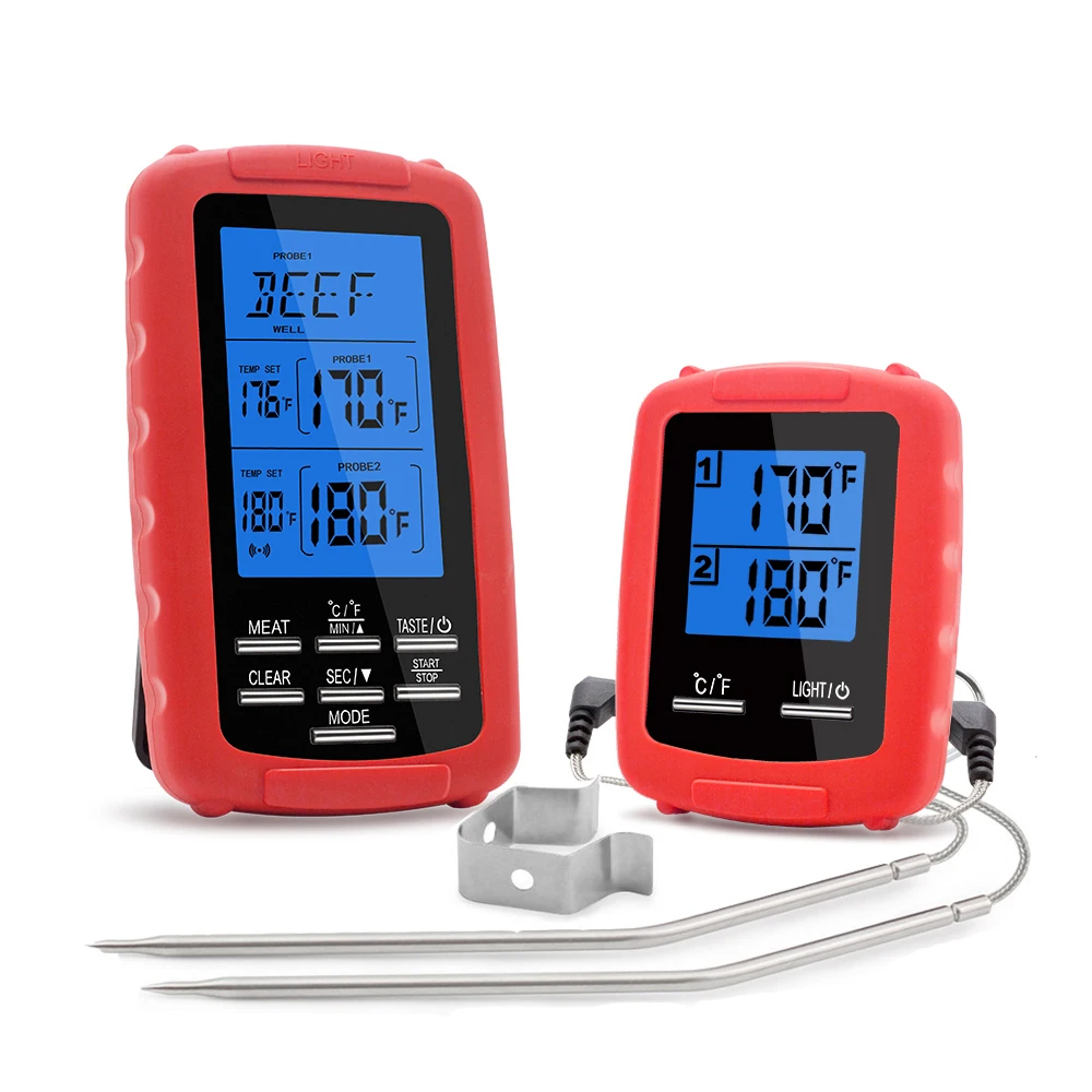 

Remote Wireless Food Kitchen Thermometer Dual Probe For BBQ, Smoker Grill Meat Home Use Stainless Steel Probe Large Screen Timer