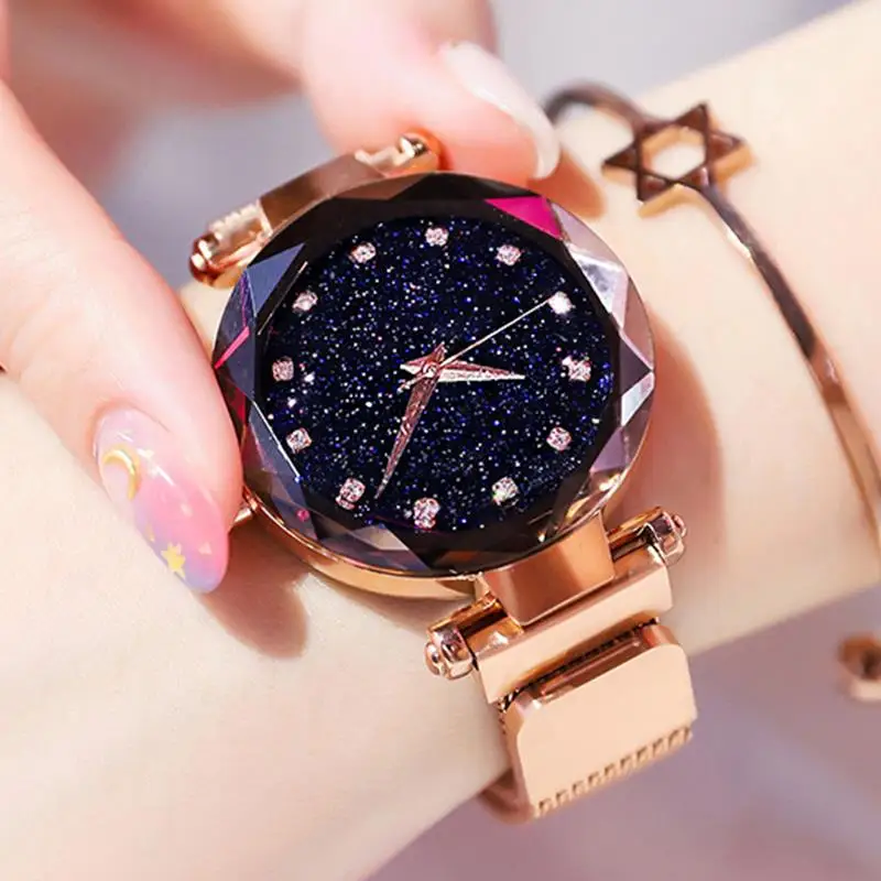 

Fashion Rose Gold Starry Sky Women Watch Magnetic Mesh Band Quartz Wristwatch Diamond Watches Montre Femme Relogio Feminino 2019