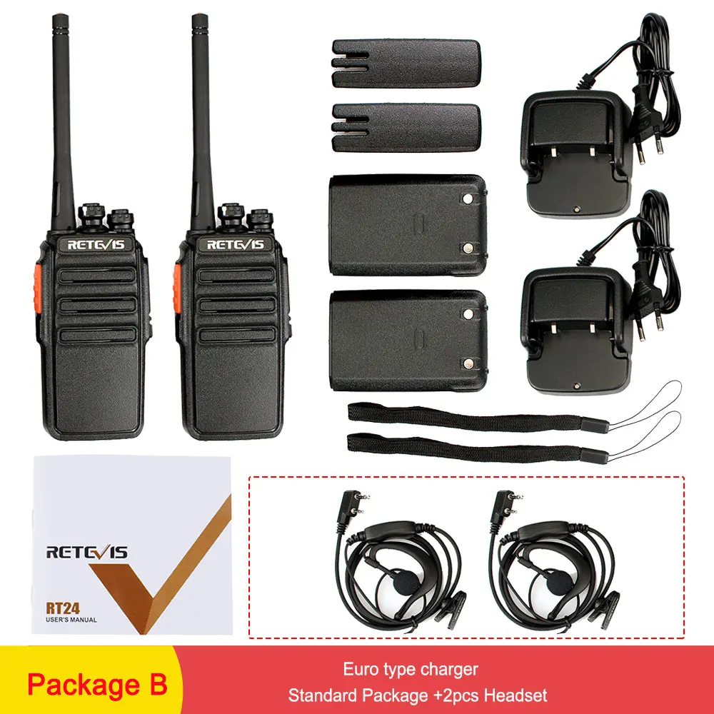 EU type Package B 2 шт. Retevis RT24 PMR Радио рация без лицензии 0,5 Вт UHF 446 PMR446 скремблер VOX портативный двухсторонний радиоприемопередатчик - Цвет: EU type Package B