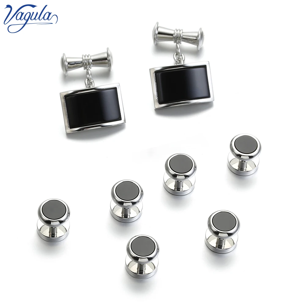 

VAGULA Black Stone Cufflinks Studs in 8PCS Set Luxury Gemelos Button Links Trendy Tuxedo Collar Stud 411